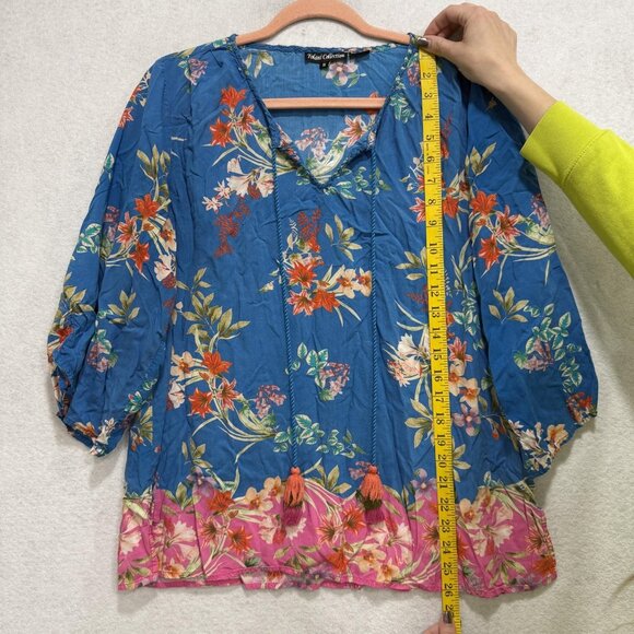 Tolani Collection Blouse Womens Medium Blue Floral Boho Peasant Modal 3/4 Sleeve - Picture 5 of 8